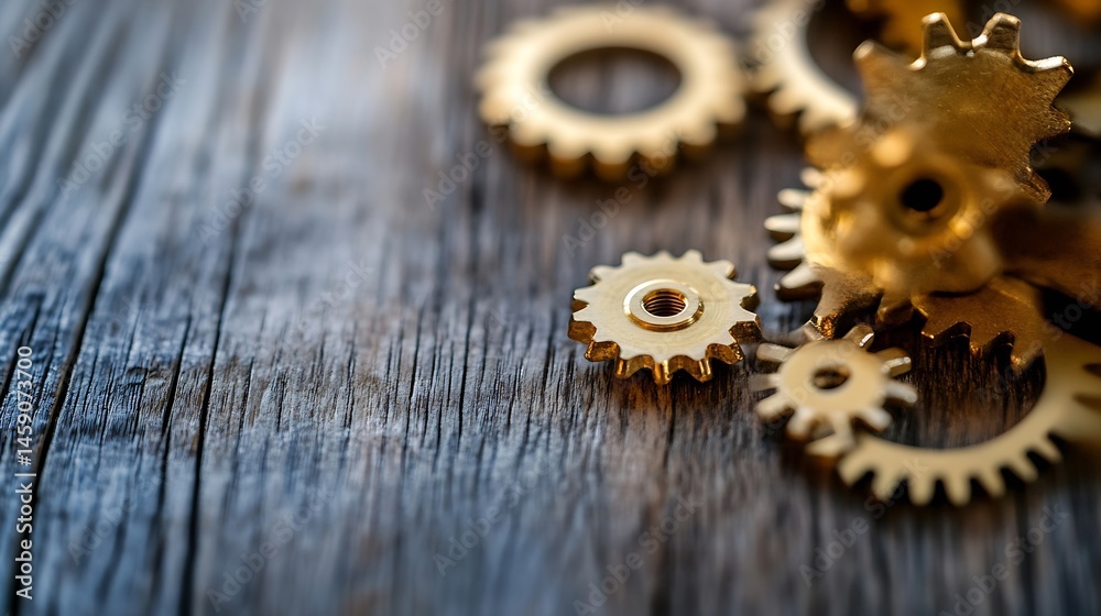 Aufkleber close-up of golden gears on rustic wooden surface, showcasing intricate details and metallic texture