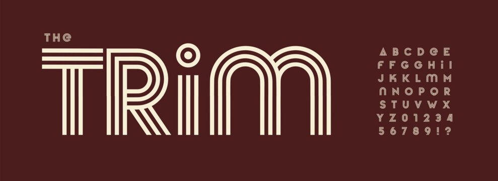 Vintage stripes logo font, retro linear alphabet, art deco retro style with bold geometry letters for timeless fashion branding, elegant sport typography, stylish typographic design. Vector typeset.