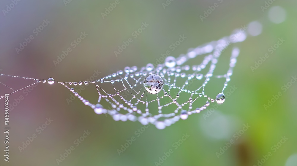 Aufkleber close-up of a spiderweb glistening with morning dew, showcasing numerous water droplets of varying s