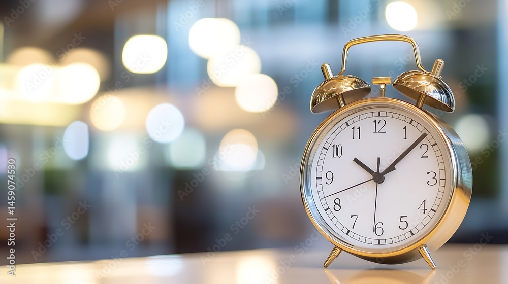 Leinwandbilder a gold alarm clock sits on a table, the blurred background suggesting a cafe or office setting. the 