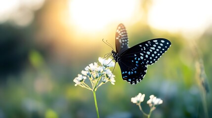 A black butterfly with white spots rests on delicate white flowers, bathed in the warm golden light of the setting sun, creating a serene and peaceful nature scene. : Generative AI