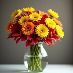 Brightly colored flower arrangement in a vase
