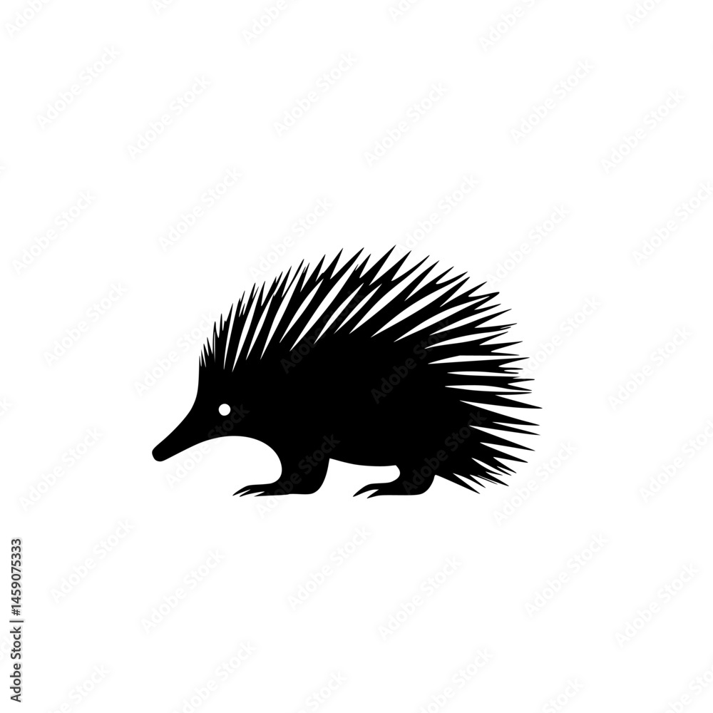 Poster flat black icon of an echidna silhouette with distinct spines and simple features, suitable for vari