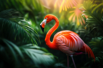 Fototapeta premium Tropical Flamingo in Lush Greenery, Sunlit Jungle Scene