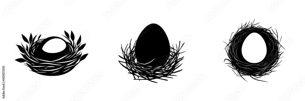 Poster flat black icons of different bird nests featuring various shapes and styles suitable for design pro