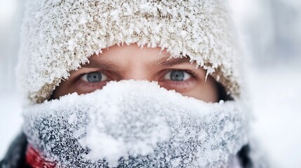 Close-up of a man's face partially covered by a snow-covered hat and scarf, his blue eyes visible, conveying a sense of winter coldness and resilience. : Generative AI