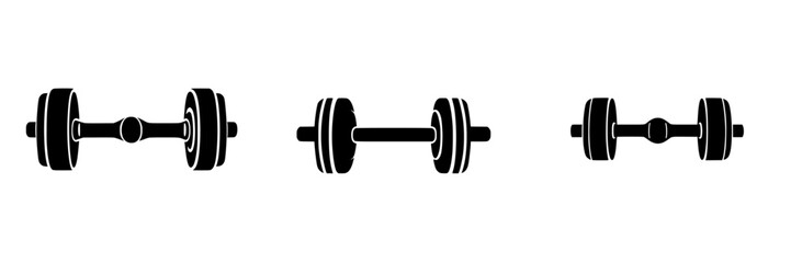 Flat black icons of weights showcasing different styles of dumbbells for fitness and workout design purposes