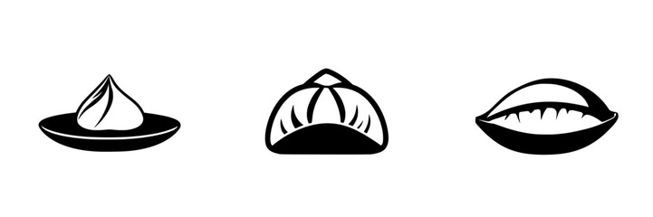 Obraz premium Flat black icon set featuring three different types of dumplings on a minimalist background