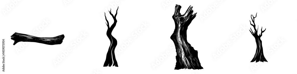 Poster collection of flat black icons representing various tree forms in a minimalist style for design and 