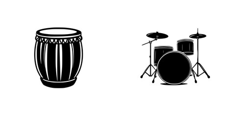 Black icon representing a drum and a drum set with minimalistic design for music themes