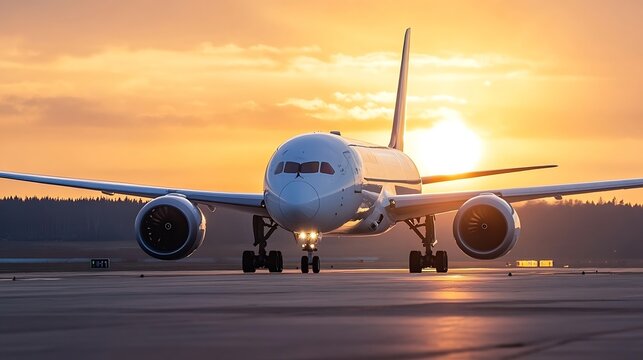 Boeing 787 Dreamliner taxiing at sunset, front view, showcasing the aircraft's sleek design and powerful engines against a vibrant orange sky. : Generative AI