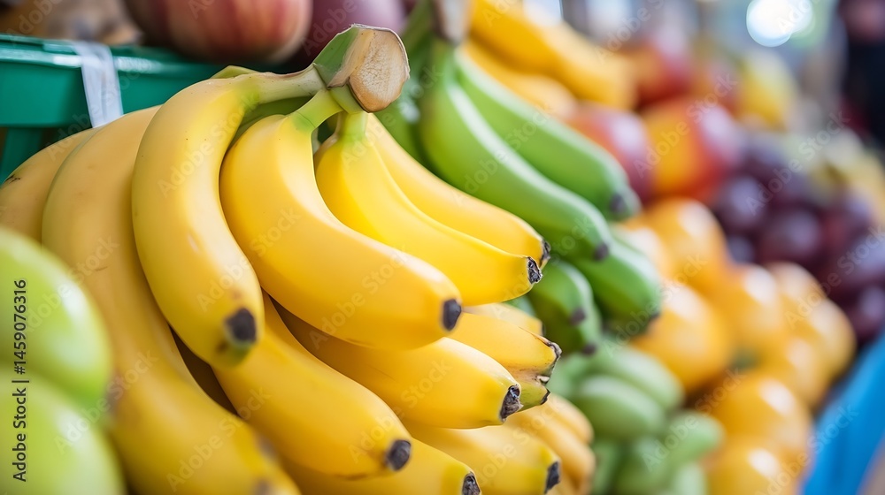 Poster a bunch of ripe yellow bananas displayed at a fruit stand, next to green bananas and other fruits, c
