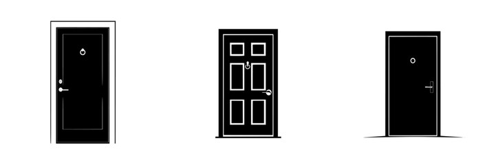 Flat black icons representing three different styles of doors with varying designs suitable for digital use