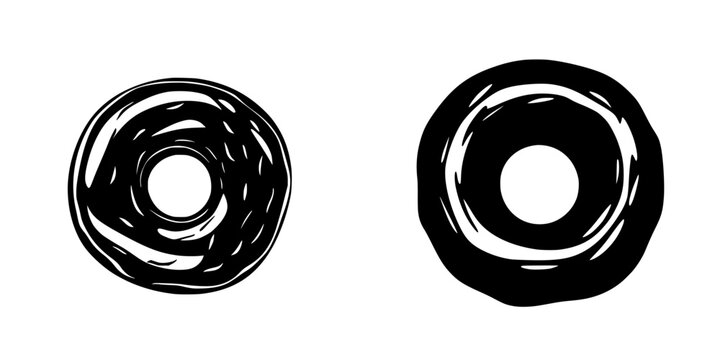 Black flat icons representing a round donut shape and an outer ring with a hollow center illustrating dessert themes