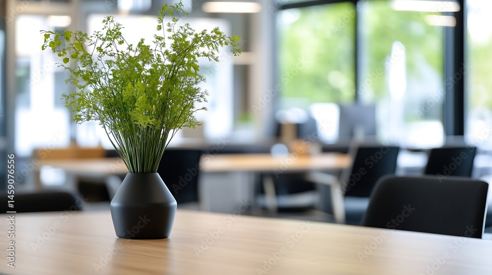 Poster modern office interior with a vase of green plants on a light wood table, blurred background showing
