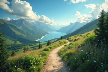 Mountainous Path Unfolds. Mountain hiking trail with green grass and pine trees, sunlit valley and blue lake in background, perfect for travel, adventure, nature, summer vacation, outdoor activities,
