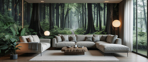 Modern living room interior design featuring forest wallpaper and elegant furnishings