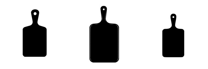 Obraz premium Flat black kitchen cutting board icons in three sizes arranged in a row for culinary design and illustration purposes