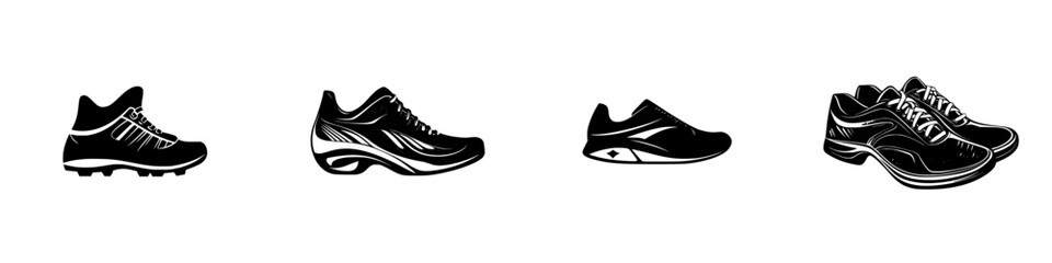 Collection of flat black icons representing various types of athletic shoes designed for different sports and activities