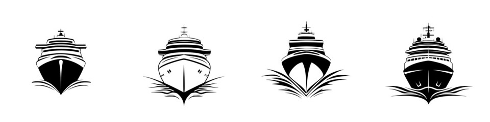 Black silhouettes of different ship designs showcasing nautical elements and distinct hull shapes on a white background
