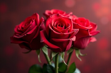 Naklejka premium Three red roses with green stems against a blurred red background