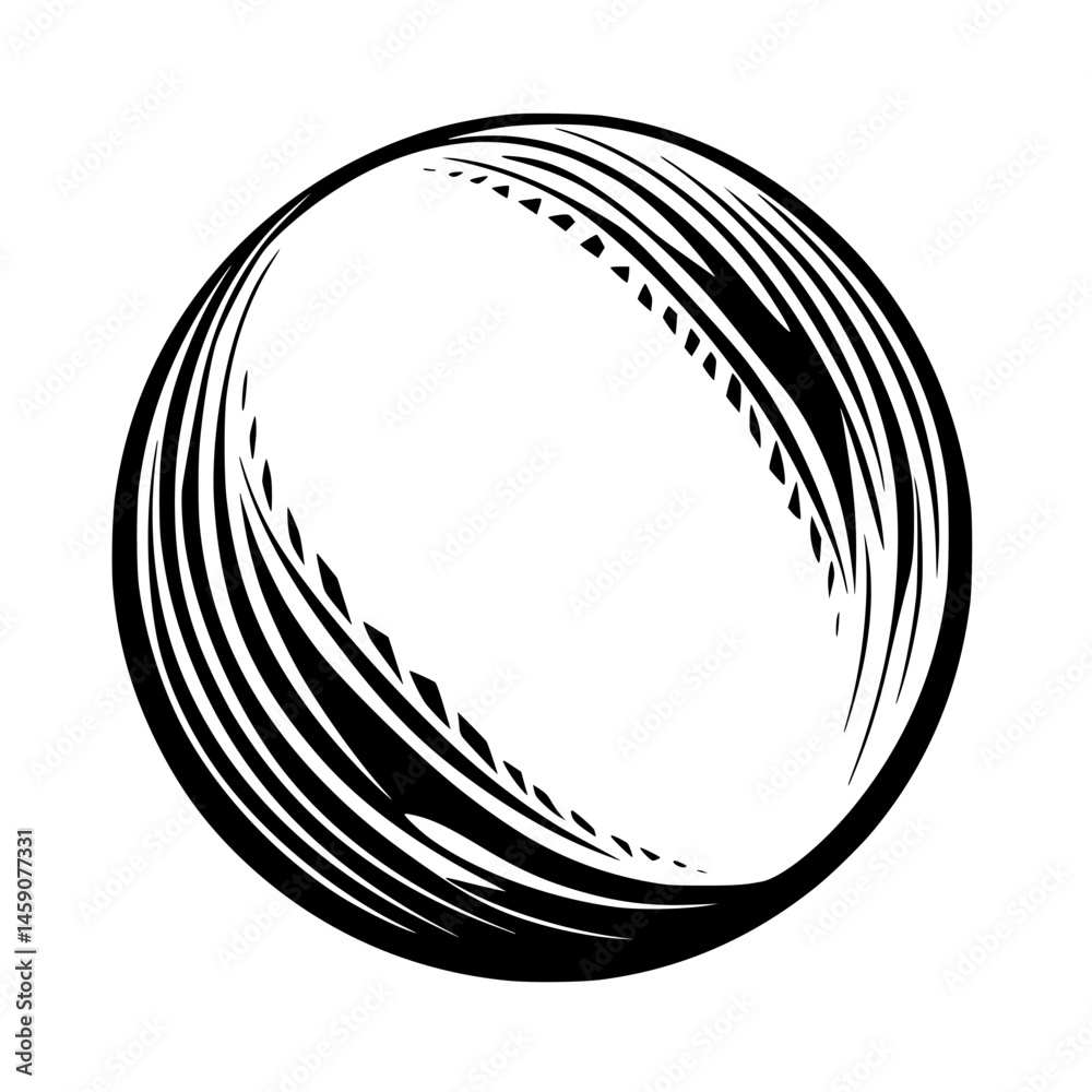 Poster stylized flat black icon of a sphere featuring distinct curved lines and patterns, suitable for use 