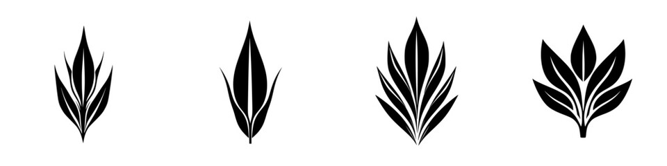 Flat black icons of various leaf shapes showcasing nature's diversity in a minimalist style