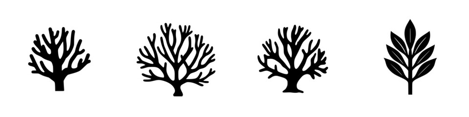 Obraz premium Collection of flat black icons representing various tree and plant silhouettes for graphic design projects and nature themes