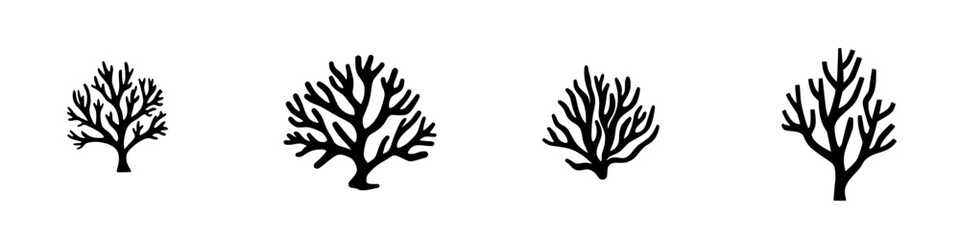 Flat black icons of various tree shapes displayed against a white background for design use or illustrations