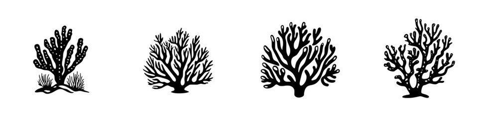 Diverse collection of flat black coral icons depicting underwater flora and marine life in various shapes and styles