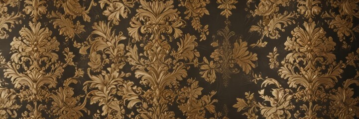 Opulent damask floral wallpaper, textured gold leaf accents, ornate, elegant