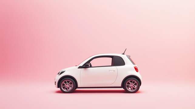 White compact car on a pastel pink background. 