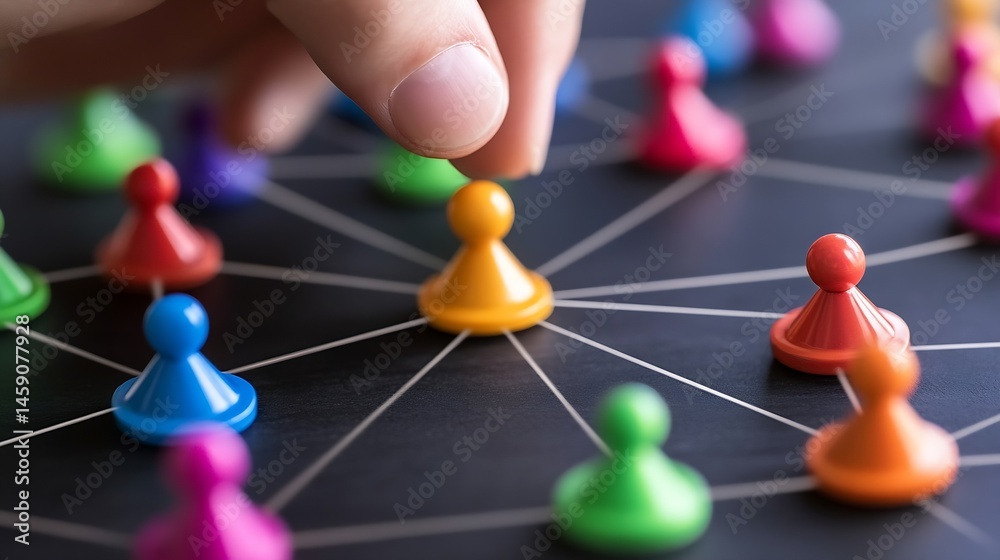 Poster A hand carefully places a yellow game piece into a complex network of interconnected colorful game pieces on a dark surface, representing a strategic connection or network. : Generative AI