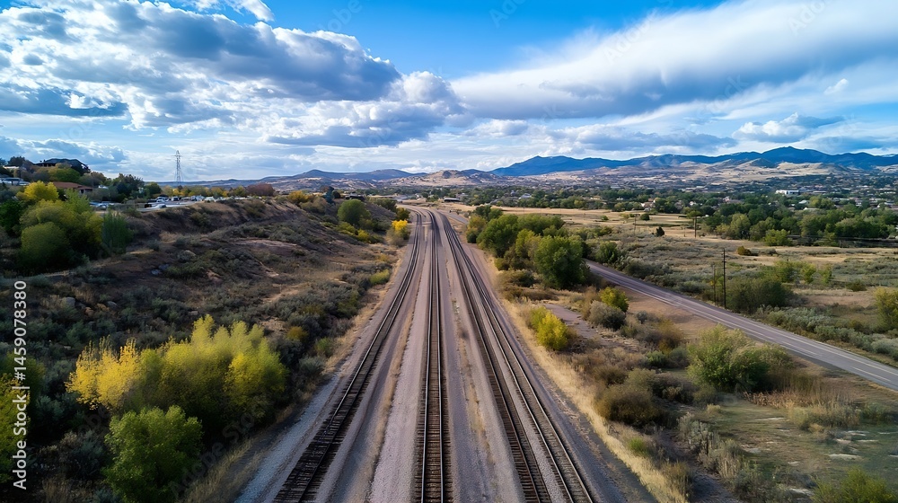 Poster aerial view of train tracks running parallel to a highway, through a scenic landscape with autumnal 