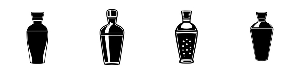 Simple flat black icons representing different types of bottles and containers used for beverages and various liquids