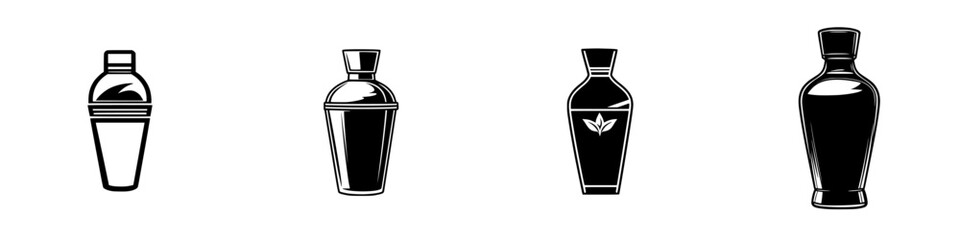 Black cocktail shaker icons representing various styles and designs, ideal for beverage-related graphics and bar themes