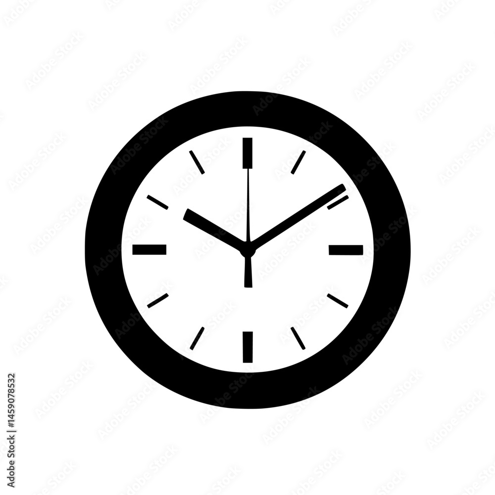 Poster flat black clock icon representing time with simple design and clear indicators for hours and minute