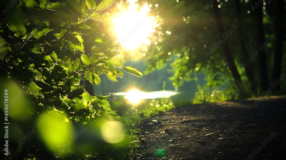 Poster Sunlit leaves frame a tranquil lakeside path, bathed in the warm glow of the setting sun, creating a serene and peaceful atmosphere. : Generative AI