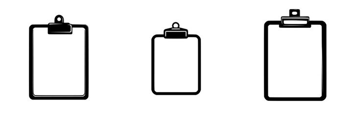 Three flat black icon variations of a clipboard, showcasing different sizes and styles suitable for design projects or digital applications