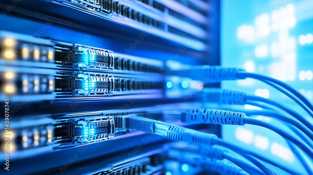 Aufkleber Close-up view of network server rack with blue fiber optic cables connected, showcasing data transfer technology and digital infrastructure. : Generative AI
