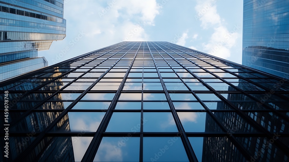 Aufkleber low-angle view of a modern skyscraper reflecting clouds and sky, showcasing its glass facade and arc