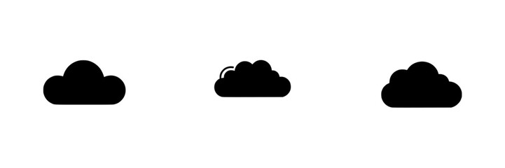 Three flat black cloud icons representing different forms of cloud shapes and sizes for design and digital applications related to weather and nature