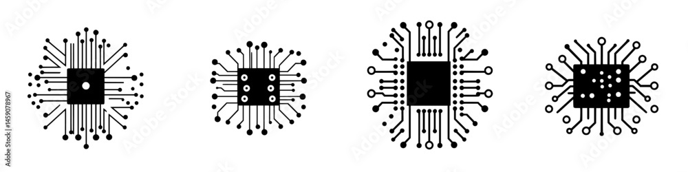 Poster multiple flat black icons representing various microchip designs with intricate circuit patterns