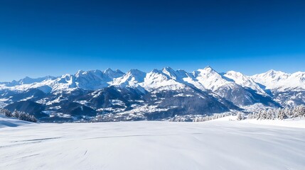 Obraz premium Majestic snow-capped alpine mountain range under a vibrant blue sky, showcasing a pristine, snow-covered valley and distant village. : Generative AI