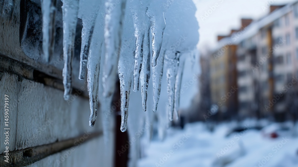 Poster close-up of icicles hanging from a building's edge, showcasing their icy texture and translucence ag