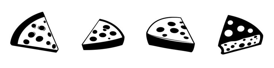 Delicious flat black icons of different styles of cheese slices on a simple white background designed for culinary themes