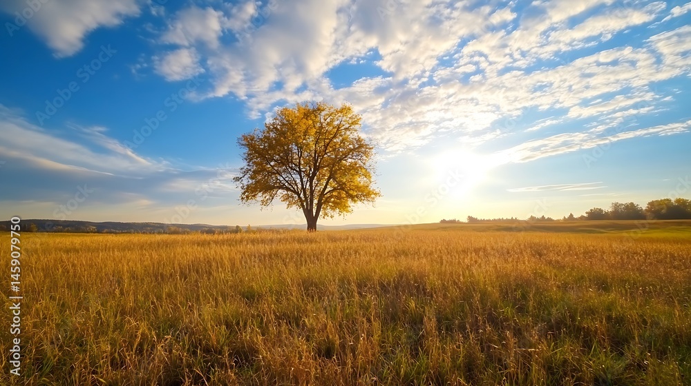 Poster Solitary autumn tree in a golden field under a vibrant blue sky with fluffy clouds, bathed in the warm light of the setting sun. : Generative AI