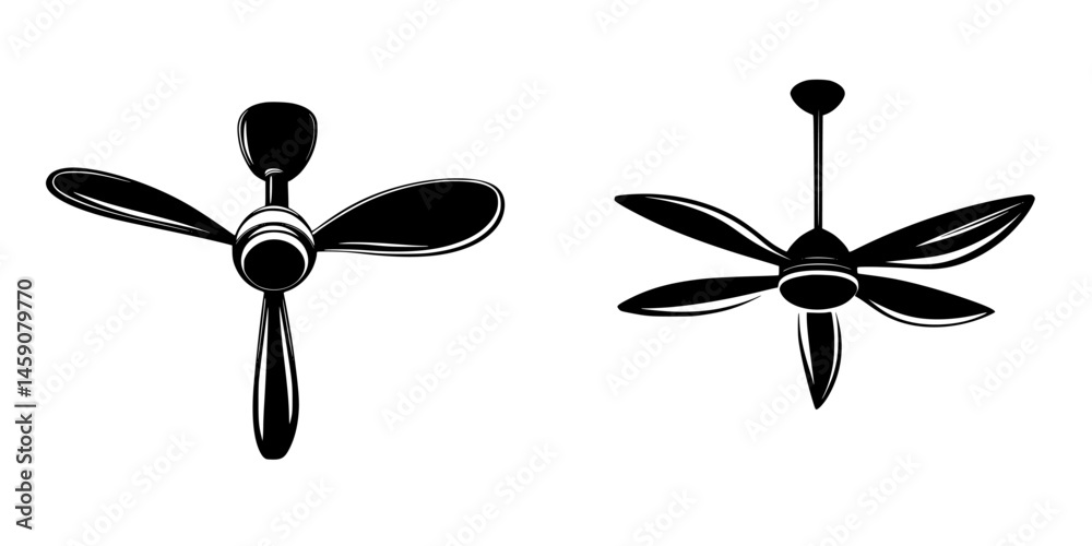 Poster flat black ceiling fan icons representing different designs for use in graphic design projects and w