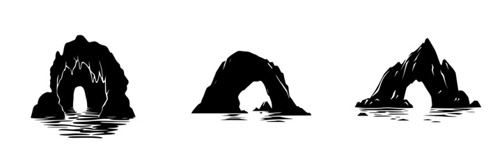 Fototapeta premium Iconic black silhouette of natural rock formations over water captured at various angles and styles