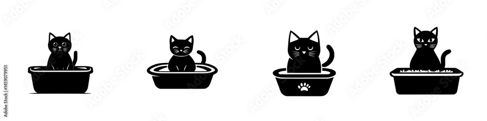 Poster various black icons of cats in different poses and actions in containers depicted in a minimalistic 